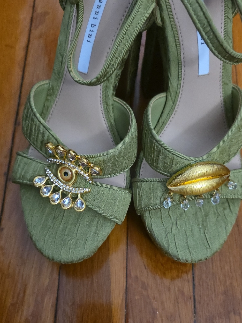 Gianni Bini Olive Green Embellished Ankle-Strap Heels - Picture 4 of 5